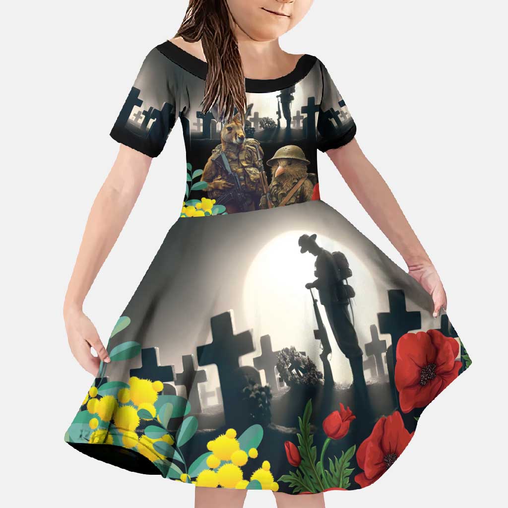 Kangaroo-Kiwi Soldier ANZAC Personalised Family Matching Long Sleeve Bodycon Dress and Hawaiian Shirt Golden Wattle Poppy Flowers LT9 Daughter's Dress Black - Polynesian Pride
