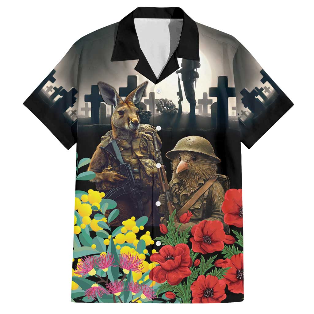 Kangaroo-Kiwi Soldier ANZAC Personalised Family Matching Long Sleeve Bodycon Dress and Hawaiian Shirt Golden Wattle Poppy Flowers LT9 Dad's Shirt - Short Sleeve Black - Polynesian Pride