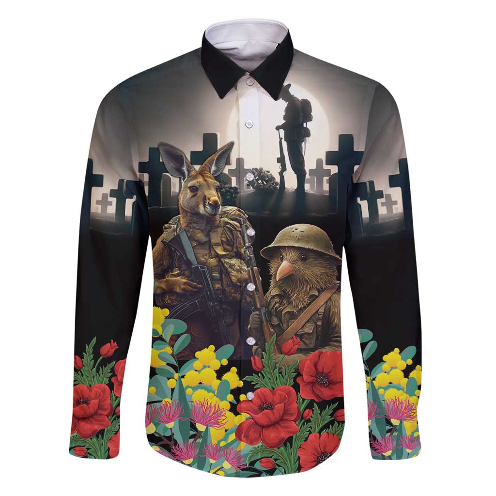 Kangaroo-Kiwi Soldier ANZAC Personalised Family Matching Long Sleeve Bodycon Dress and Hawaiian Shirt Golden Wattle Poppy Flowers LT9 Dad's Shirt - Long Sleeve Black - Polynesian Pride