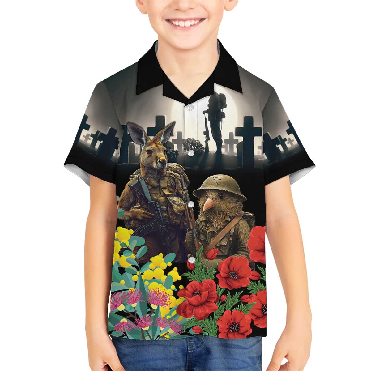 Kangaroo-Kiwi Soldier ANZAC Personalised Family Matching Off The Shoulder Long Sleeve Dress and Hawaiian Shirt Golden Wattle Poppy Flowers LT9 Son's Shirt Black - Polynesian Pride