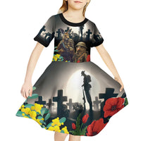 Kangaroo-Kiwi Soldier ANZAC Personalised Kid Short Sleeve Dress Golden Wattle Poppy Flowers