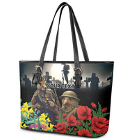 Kangaroo-Kiwi Soldier ANZAC Personalised Leather Tote Bag Golden Wattle Poppy Flowers