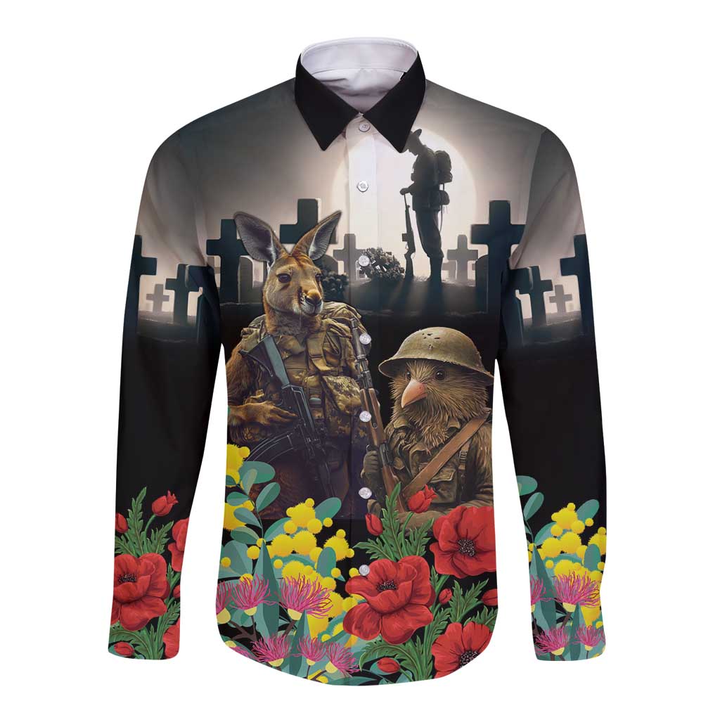 Kangaroo-Kiwi Soldier ANZAC Personalised Long Sleeve Button Shirt Golden Wattle Poppy Flowers