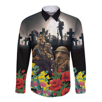 Kangaroo-Kiwi Soldier ANZAC Personalised Long Sleeve Button Shirt Golden Wattle Poppy Flowers