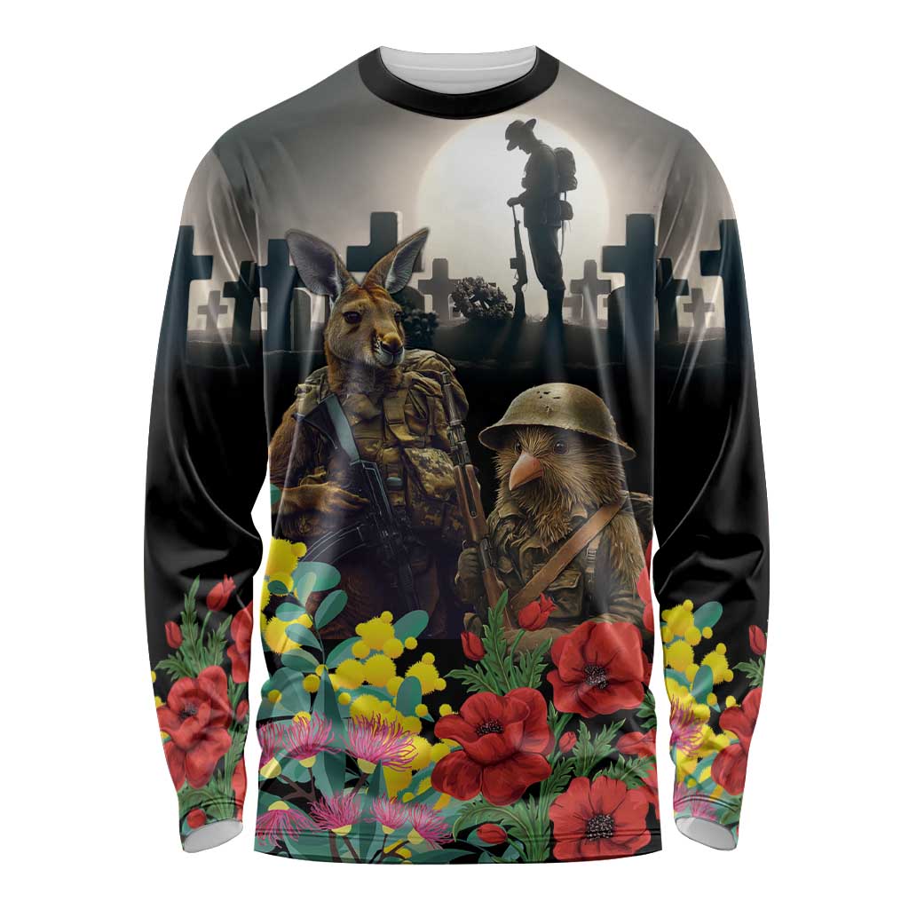 Kangaroo-Kiwi Soldier ANZAC Personalised Long Sleeve Shirt Golden Wattle Poppy Flowers