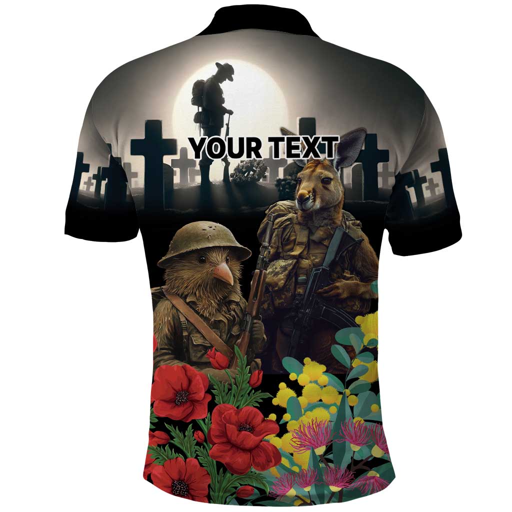 Kangaroo-Kiwi Soldier ANZAC Personalised Polo Shirt Golden Wattle Poppy Flowers
