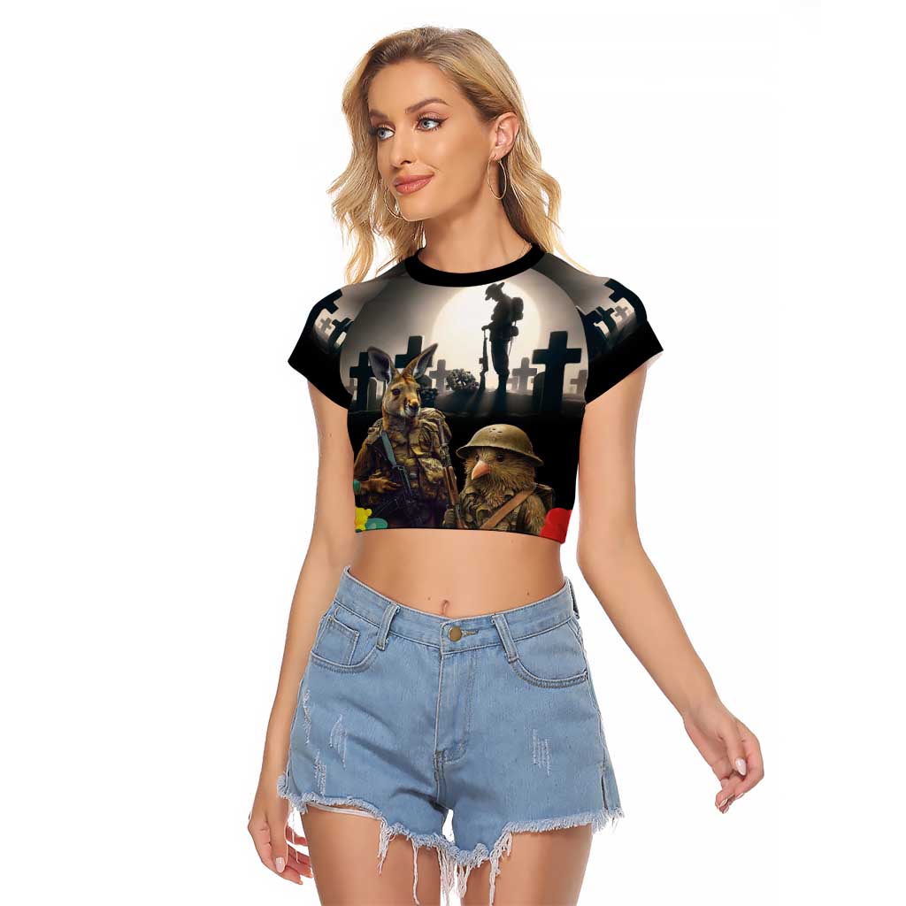 Kangaroo-Kiwi Soldier ANZAC Personalised Raglan Cropped T Shirt Golden Wattle Poppy Flowers