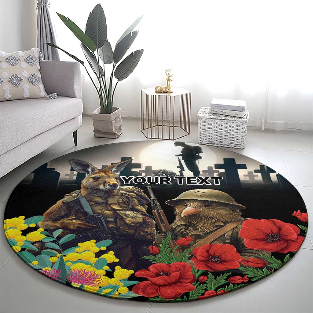 Kangaroo-Kiwi Soldier ANZAC Personalised Round Carpet Golden Wattle Poppy Flowers LT9 - Polynesian Pride