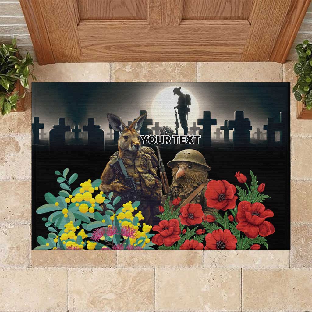 Kangaroo-Kiwi Soldier ANZAC Personalised Rubber Doormat Golden Wattle Poppy Flowers