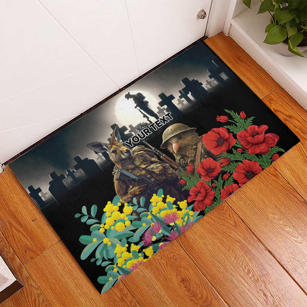 Kangaroo-Kiwi Soldier ANZAC Personalised Rubber Doormat Golden Wattle Poppy Flowers