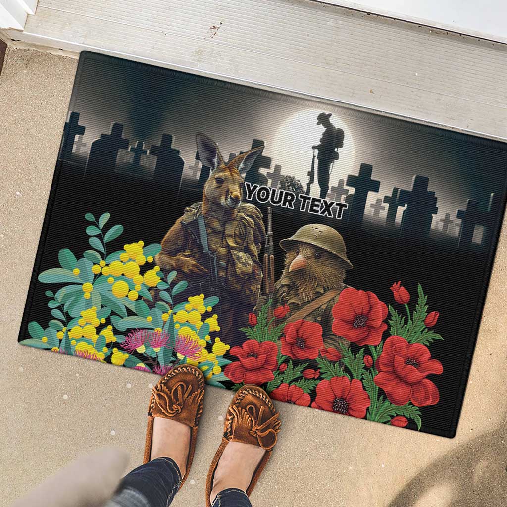 Kangaroo-Kiwi Soldier ANZAC Personalised Rubber Doormat Golden Wattle Poppy Flowers