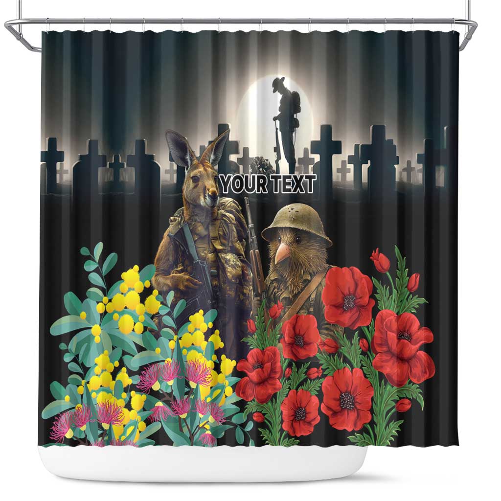 Kangaroo-Kiwi Soldier ANZAC Personalised Shower Curtain Golden Wattle Poppy Flowers