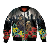 Kangaroo-Kiwi Soldier ANZAC Personalised Sleeve Zip Bomber Jacket Golden Wattle Poppy Flowers LT9 Unisex Black - Polynesian Pride