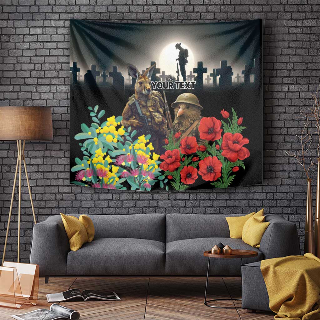 Kangaroo-Kiwi Soldier ANZAC Personalised Tapestry Golden Wattle Poppy Flowers