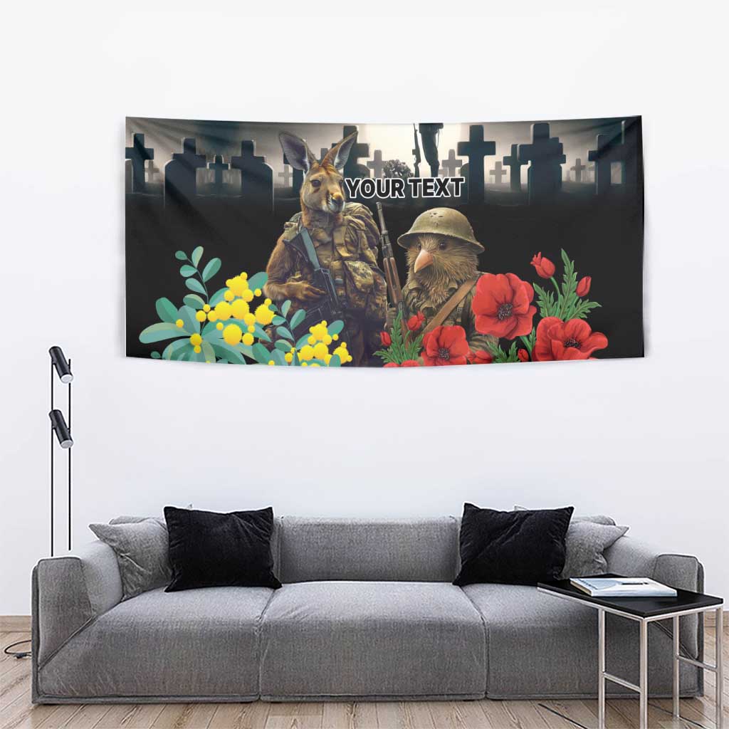 Kangaroo-Kiwi Soldier ANZAC Personalised Tapestry Golden Wattle Poppy Flowers