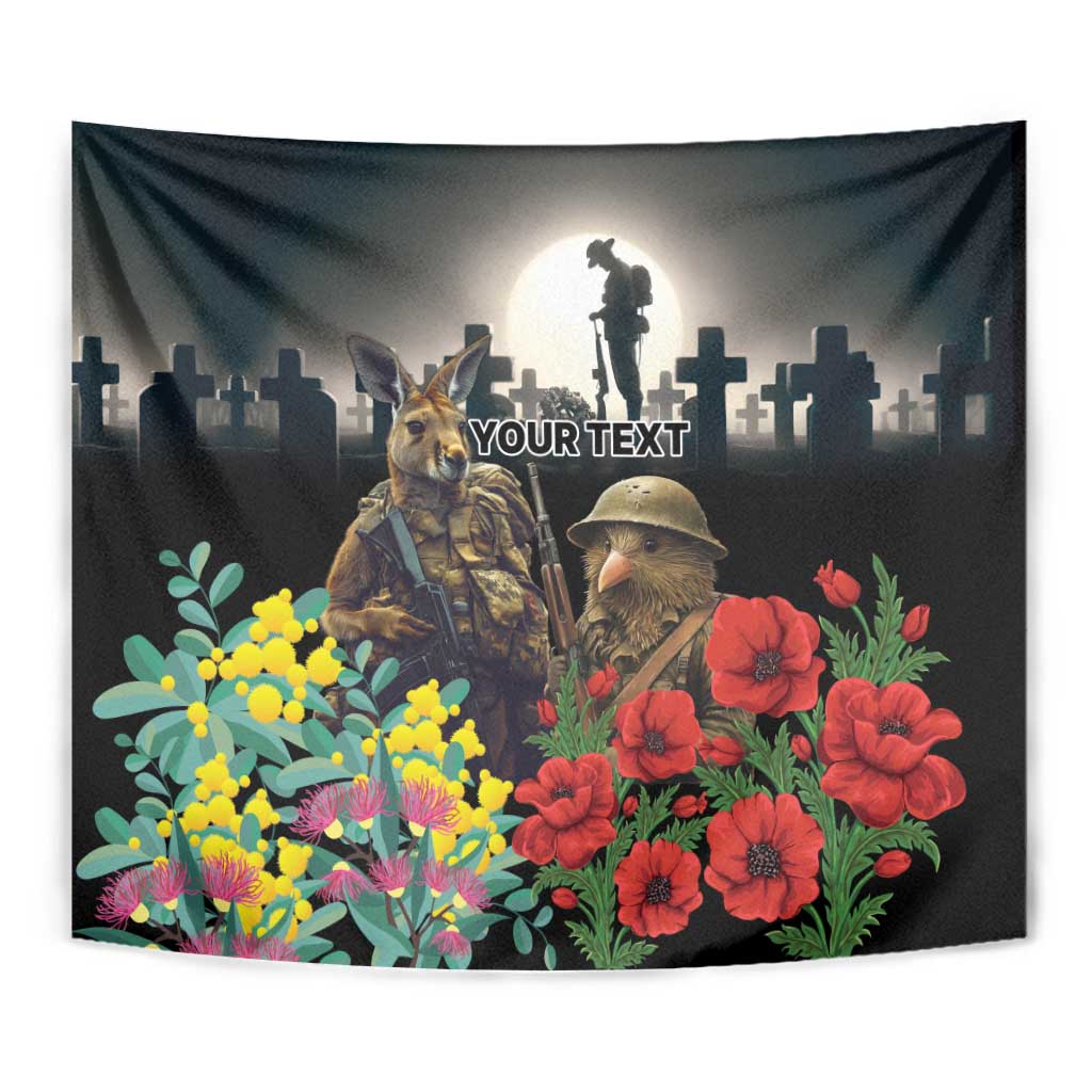 Kangaroo-Kiwi Soldier ANZAC Personalised Tapestry Golden Wattle Poppy Flowers