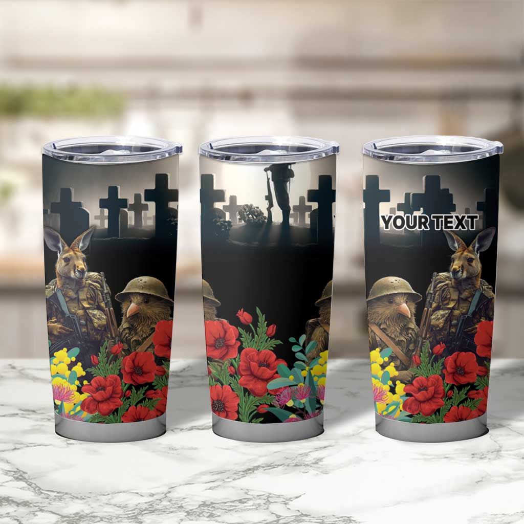 Kangaroo-Kiwi Soldier ANZAC Personalised Tumbler Cup Golden Wattle Poppy Flowers