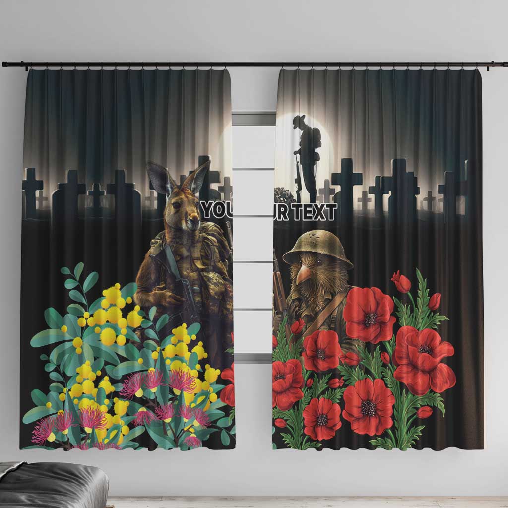 Kangaroo-Kiwi Soldier ANZAC Personalised Window Curtain Golden Wattle Poppy Flowers