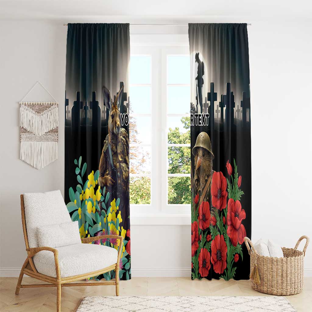 Kangaroo-Kiwi Soldier ANZAC Personalised Window Curtain Golden Wattle Poppy Flowers