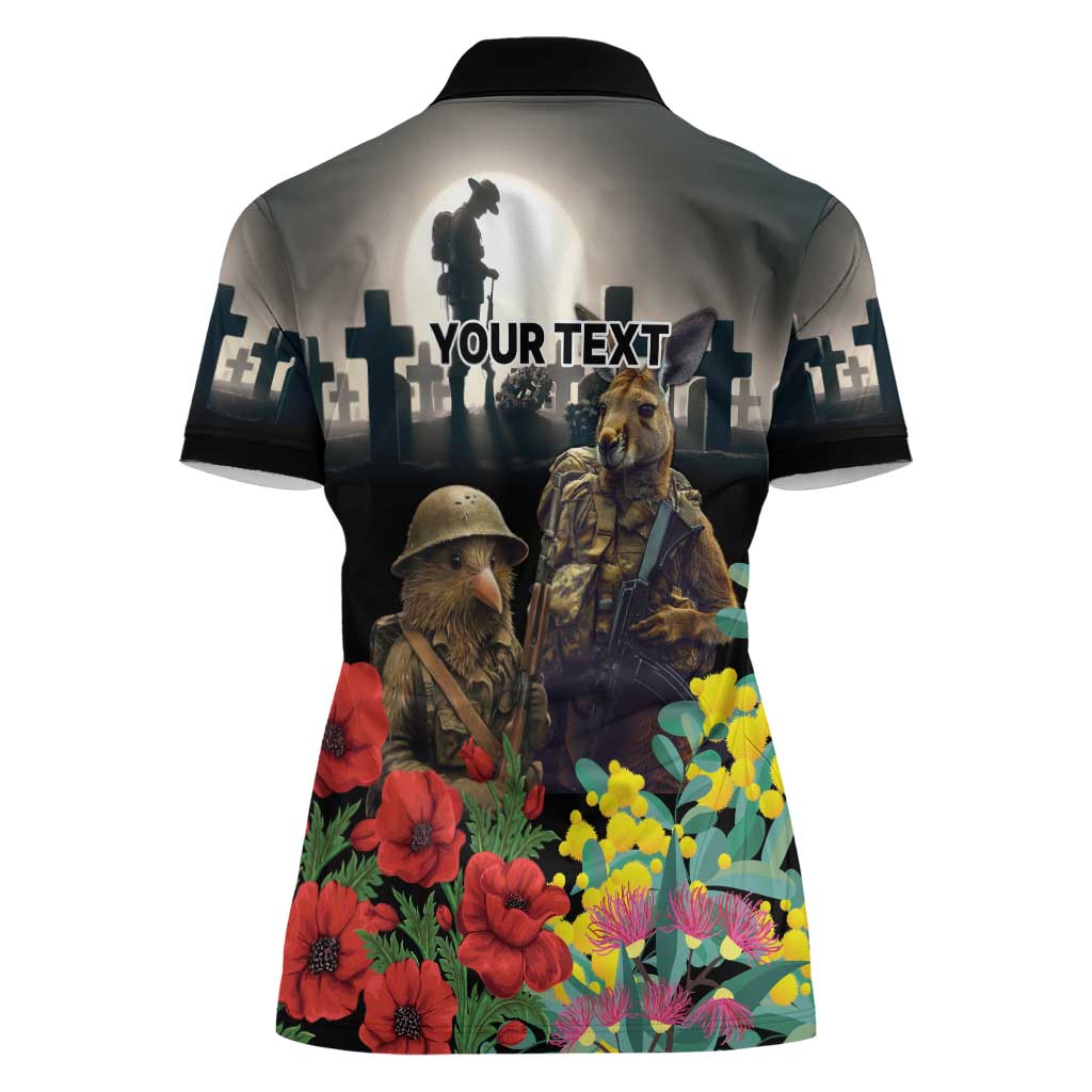 Kangaroo-Kiwi Soldier ANZAC Personalised Women Polo Shirt Golden Wattle Poppy Flowers