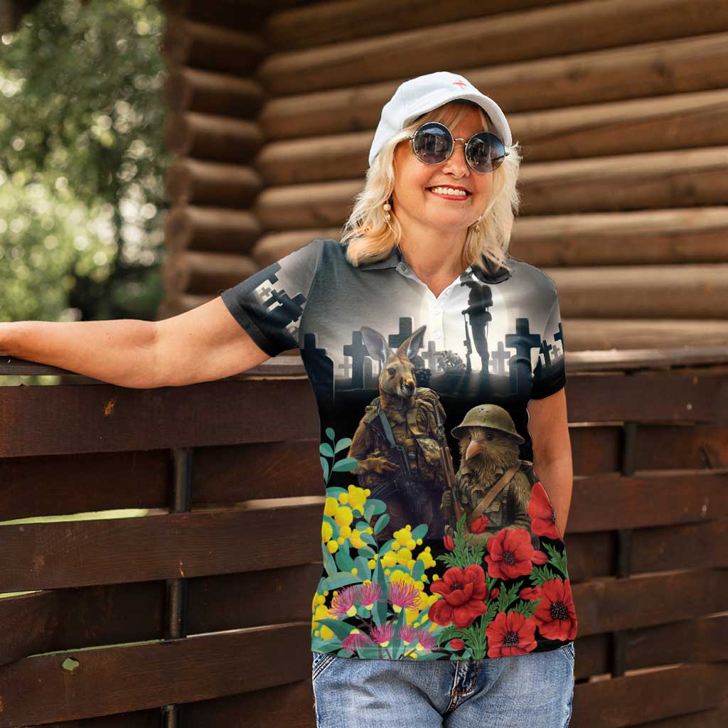 Kangaroo-Kiwi Soldier ANZAC Personalised Women Polo Shirt Golden Wattle Poppy Flowers