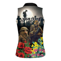 Kangaroo-Kiwi Soldier ANZAC Personalised Women Sleeveless Polo Shirt Golden Wattle Poppy Flowers