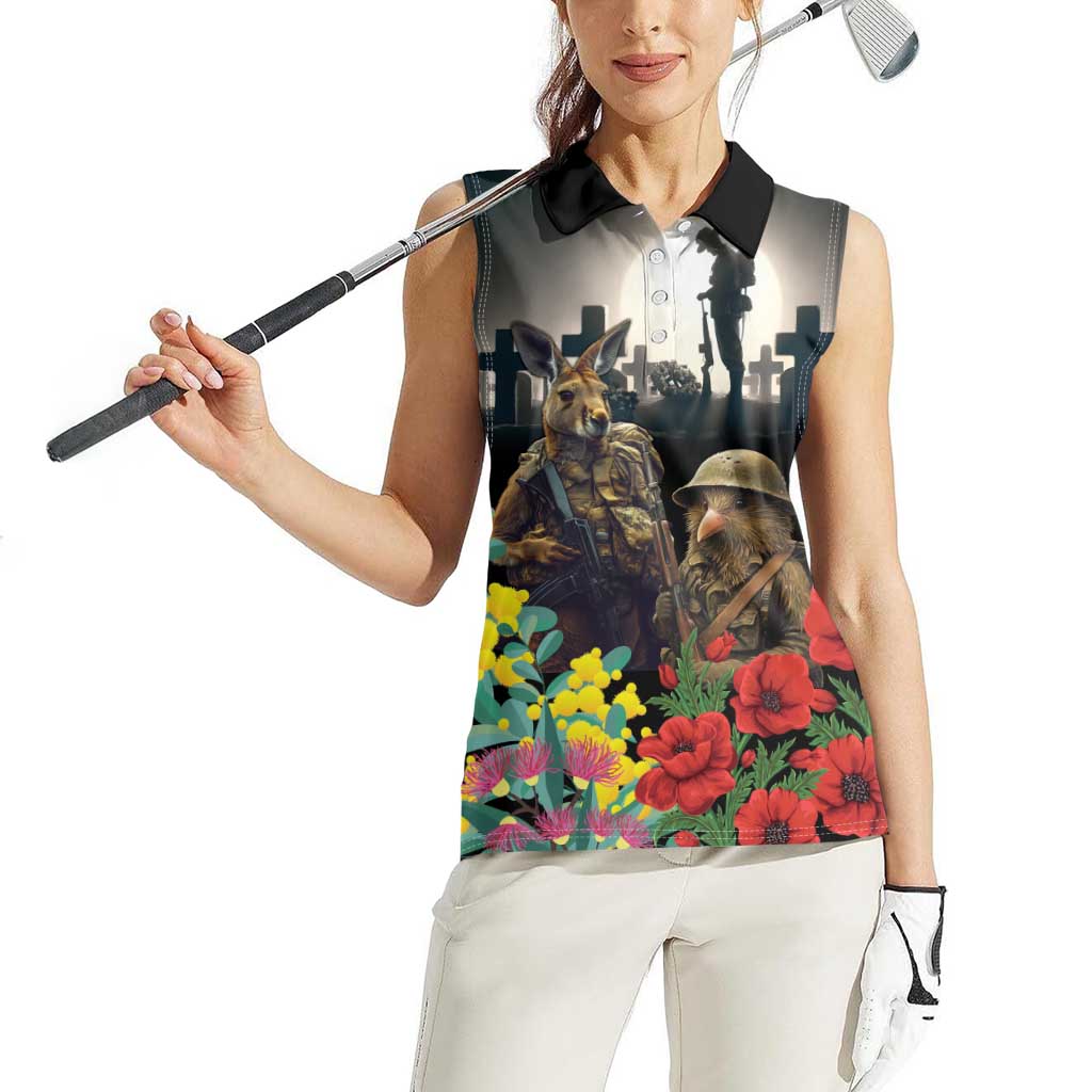 Kangaroo-Kiwi Soldier ANZAC Personalised Women Sleeveless Polo Shirt Golden Wattle Poppy Flowers