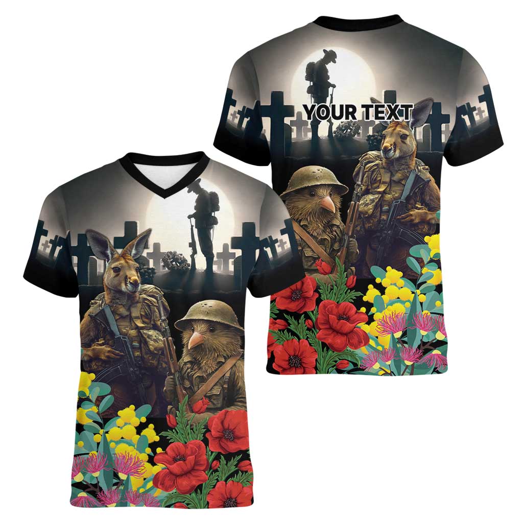 Kangaroo-Kiwi Soldier ANZAC Personalised Women V-Neck T-Shirt Golden Wattle Poppy Flowers