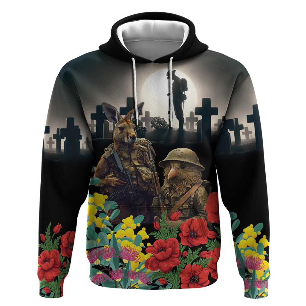 Kangaroo-Kiwi Soldier ANZAC Personalised Zip Hoodie Golden Wattle Poppy Flowers LT9 Pullover Hoodie Black - Polynesian Pride