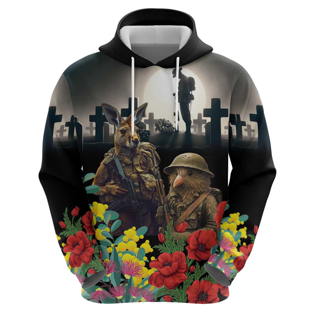 Kangaroo-Kiwi Soldier ANZAC Personalised Zip Hoodie Golden Wattle Poppy Flowers LT9 - Polynesian Pride