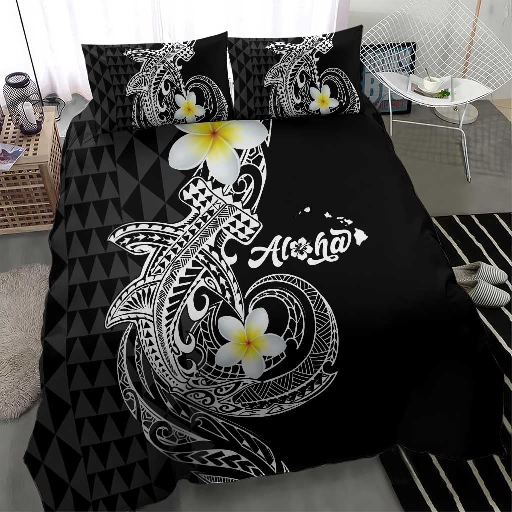 Aloha Hammerhead Shark Bedding Set Black Hawaiian Kakau Tribal Tattoo