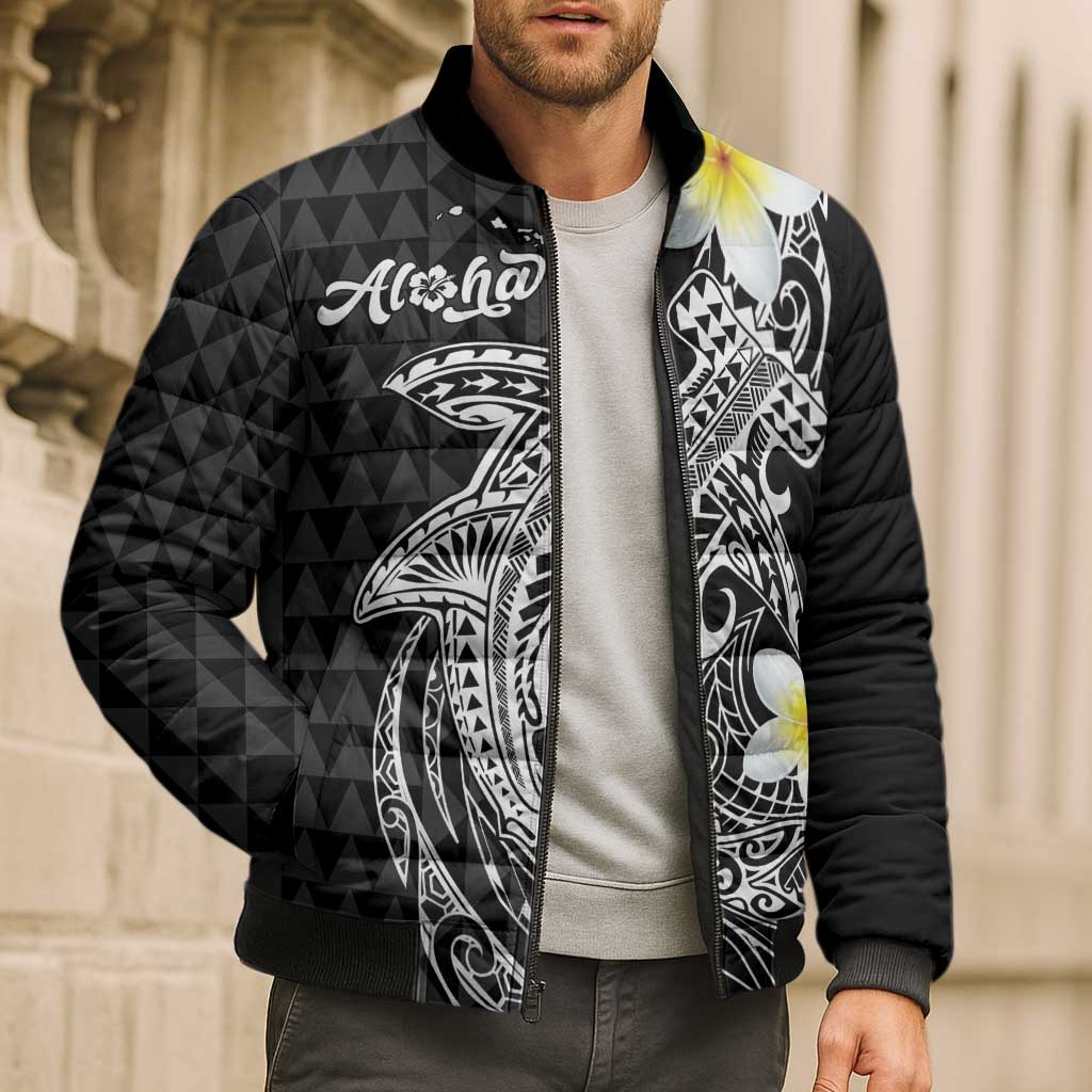 Aloha Hammerhead Shark Bomber Puffer Jacket Black Hawaiian Kakau Tribal Tattoo - Polynesian Pride