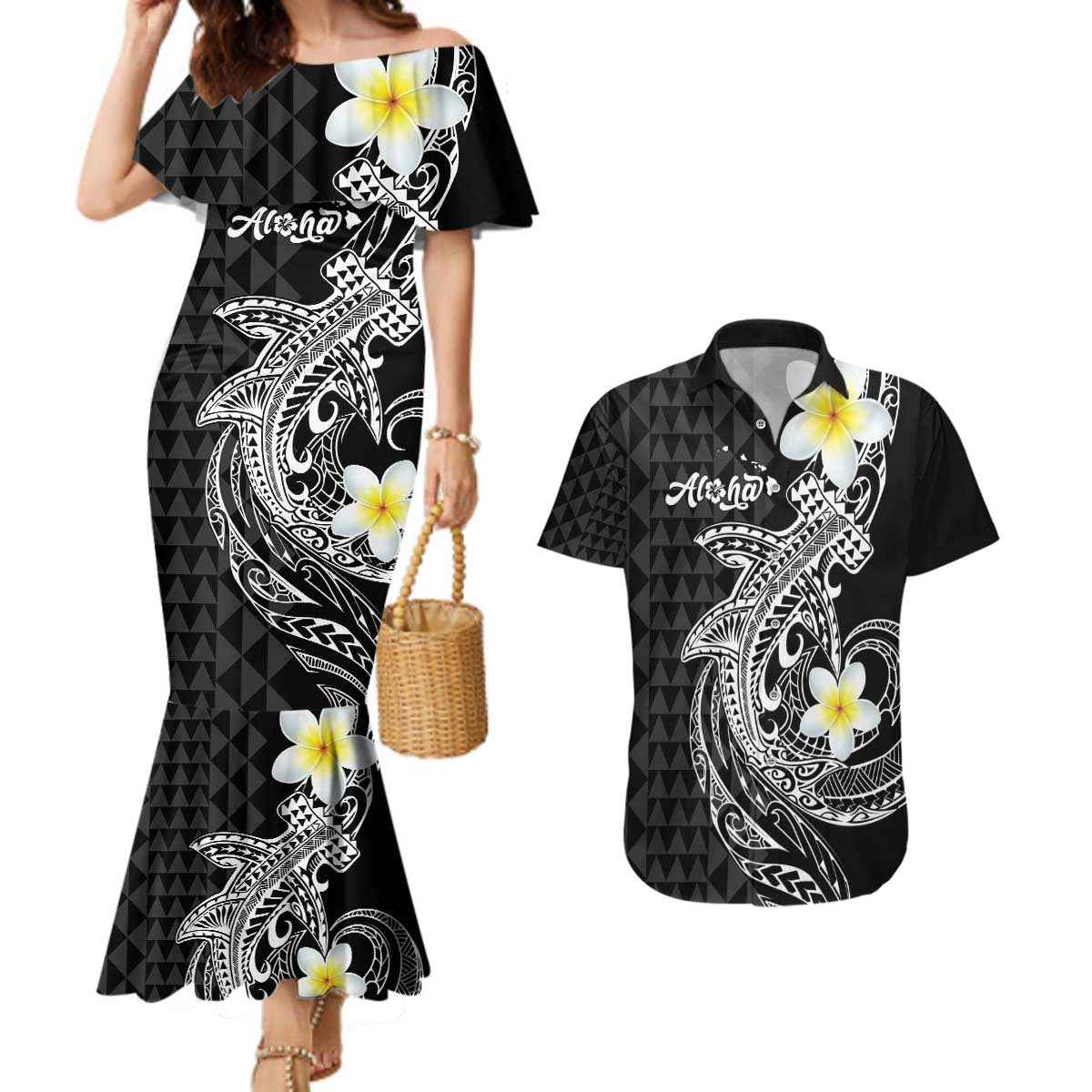 Aloha Hammerhead Shark Couples Matching Mermaid Dress and Hawaiian Shirt Black Hawaiian Kakau Tribal Tattoo LT9 Black - Polynesian Pride
