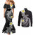 Aloha Hammerhead Shark Couples Matching Mermaid Dress and Long Sleeve Button Shirt Black Hawaiian Kakau Tribal Tattoo