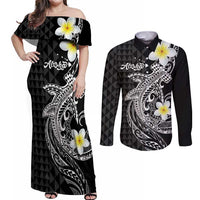 Aloha Hammerhead Shark Couples Matching Off Shoulder Maxi Dress and Long Sleeve Button Shirt Black Hawaiian Kakau Tribal Tattoo