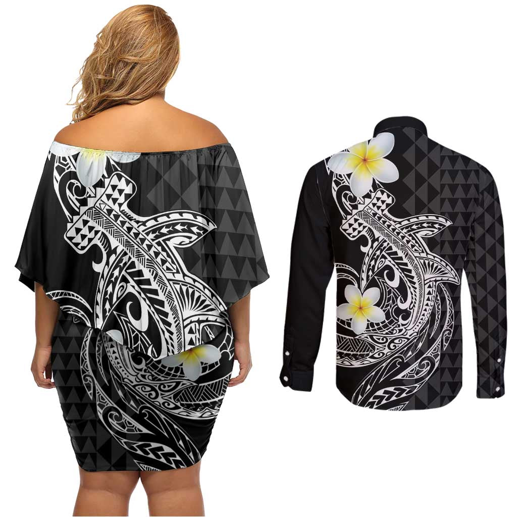 Aloha Hammerhead Shark Couples Matching Off Shoulder Short Dress and Long Sleeve Button Shirt Black Hawaiian Kakau Tribal Tattoo