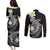 Aloha Hammerhead Shark Couples Matching Puletasi and Long Sleeve Button Shirt Black Hawaiian Kakau Tribal Tattoo