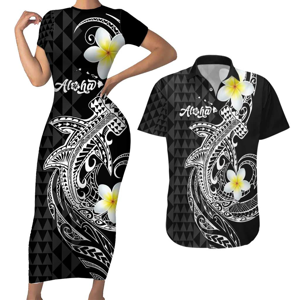 Aloha Hammerhead Shark Couples Matching Short Sleeve Bodycon Dress and Hawaiian Shirt Black Hawaiian Kakau Tribal Tattoo LT9 Black - Polynesian Pride