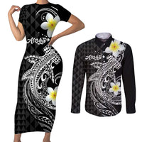 Aloha Hammerhead Shark Couples Matching Short Sleeve Bodycon Dress and Long Sleeve Button Shirt Black Hawaiian Kakau Tribal Tattoo