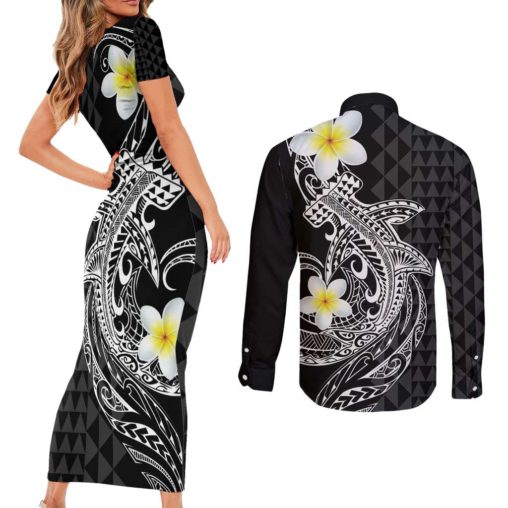Aloha Hammerhead Shark Couples Matching Short Sleeve Bodycon Dress and Long Sleeve Button Shirt Black Hawaiian Kakau Tribal Tattoo