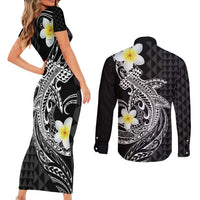 Aloha Hammerhead Shark Couples Matching Short Sleeve Bodycon Dress and Long Sleeve Button Shirt Black Hawaiian Kakau Tribal Tattoo
