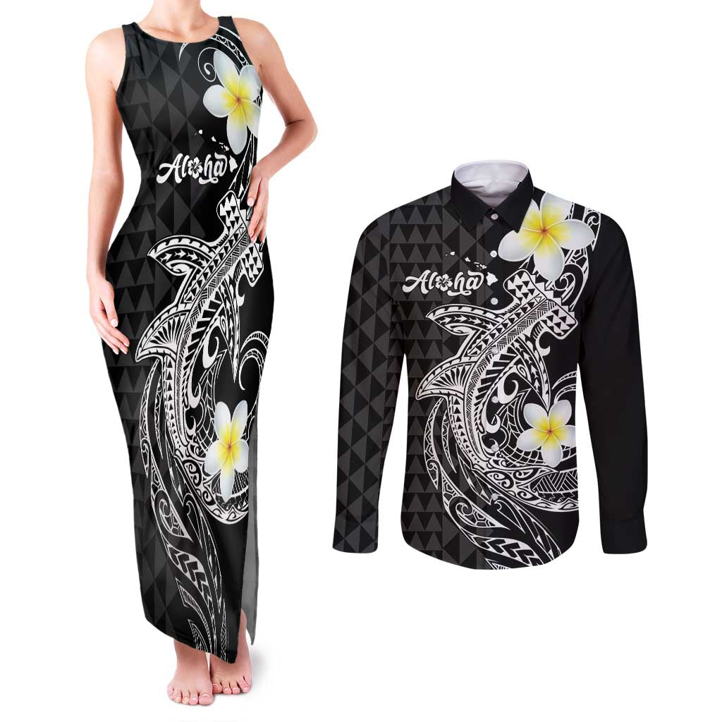 Aloha Hammerhead Shark Couples Matching Tank Maxi Dress and Long Sleeve Button Shirt Black Hawaiian Kakau Tribal Tattoo LT9 Black - Polynesian Pride