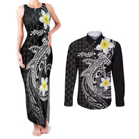 Aloha Hammerhead Shark Couples Matching Tank Maxi Dress and Long Sleeve Button Shirt Black Hawaiian Kakau Tribal Tattoo