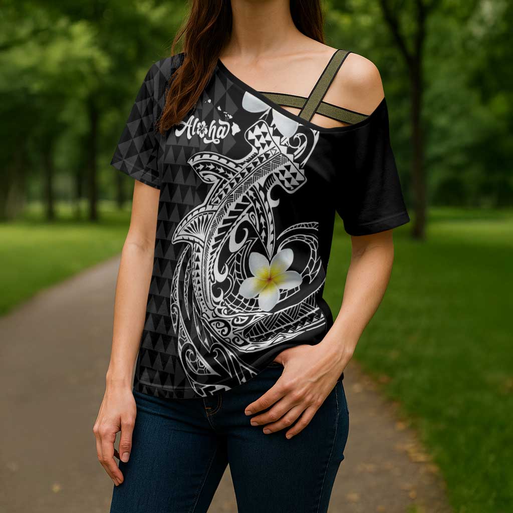 Aloha Hammerhead Shark Cross Shoulder Shirt Black Hawaiian Kakau Tribal Tattoo - Polynesian Pride