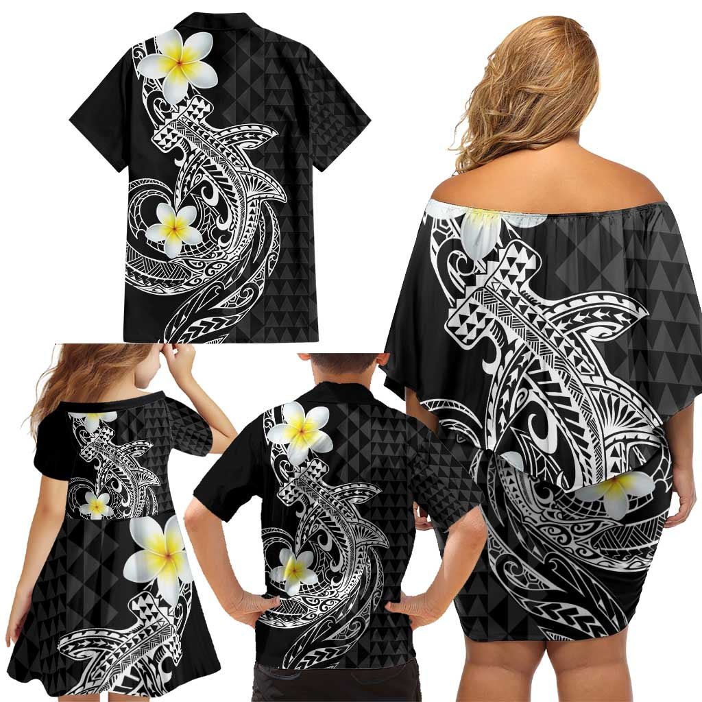 Aloha Hammerhead Shark Family Matching Off Shoulder Short Dress and Hawaiian Shirt Black Hawaiian Kakau Tribal Tattoo