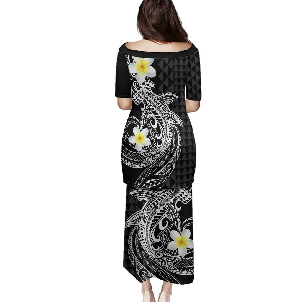 Aloha Hammerhead Shark Family Matching Puletasi and Hawaiian Shirt Black Hawaiian Kakau Tribal Tattoo
