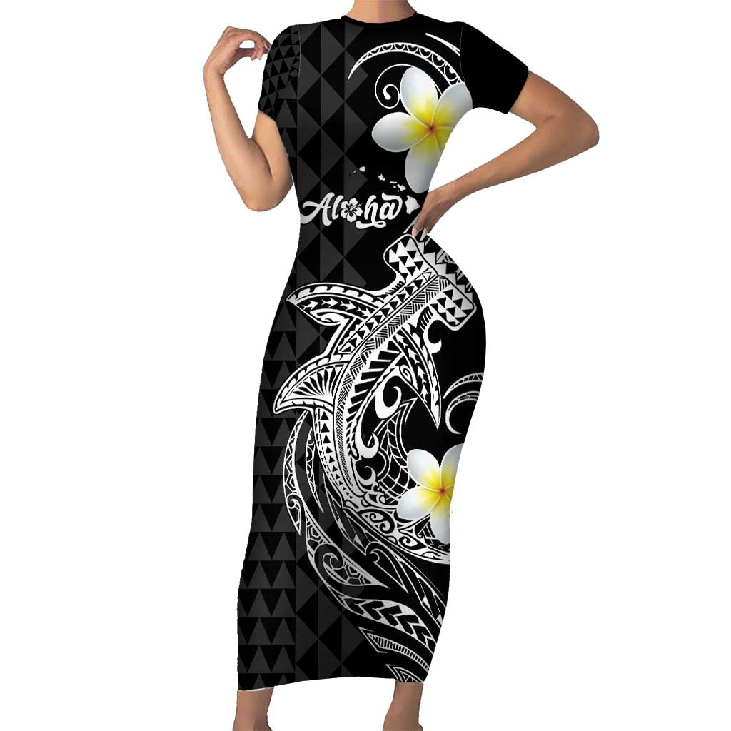 Aloha Hammerhead Shark Family Matching Short Sleeve Bodycon Dress and Hawaiian Shirt Black Hawaiian Kakau Tribal Tattoo
