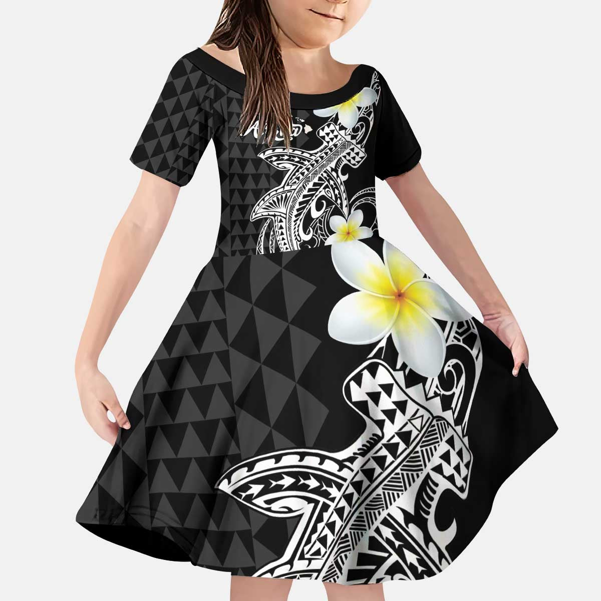 Aloha Hammerhead Shark Kid Short Sleeve Dress Black Hawaiian Kakau Tribal Tattoo