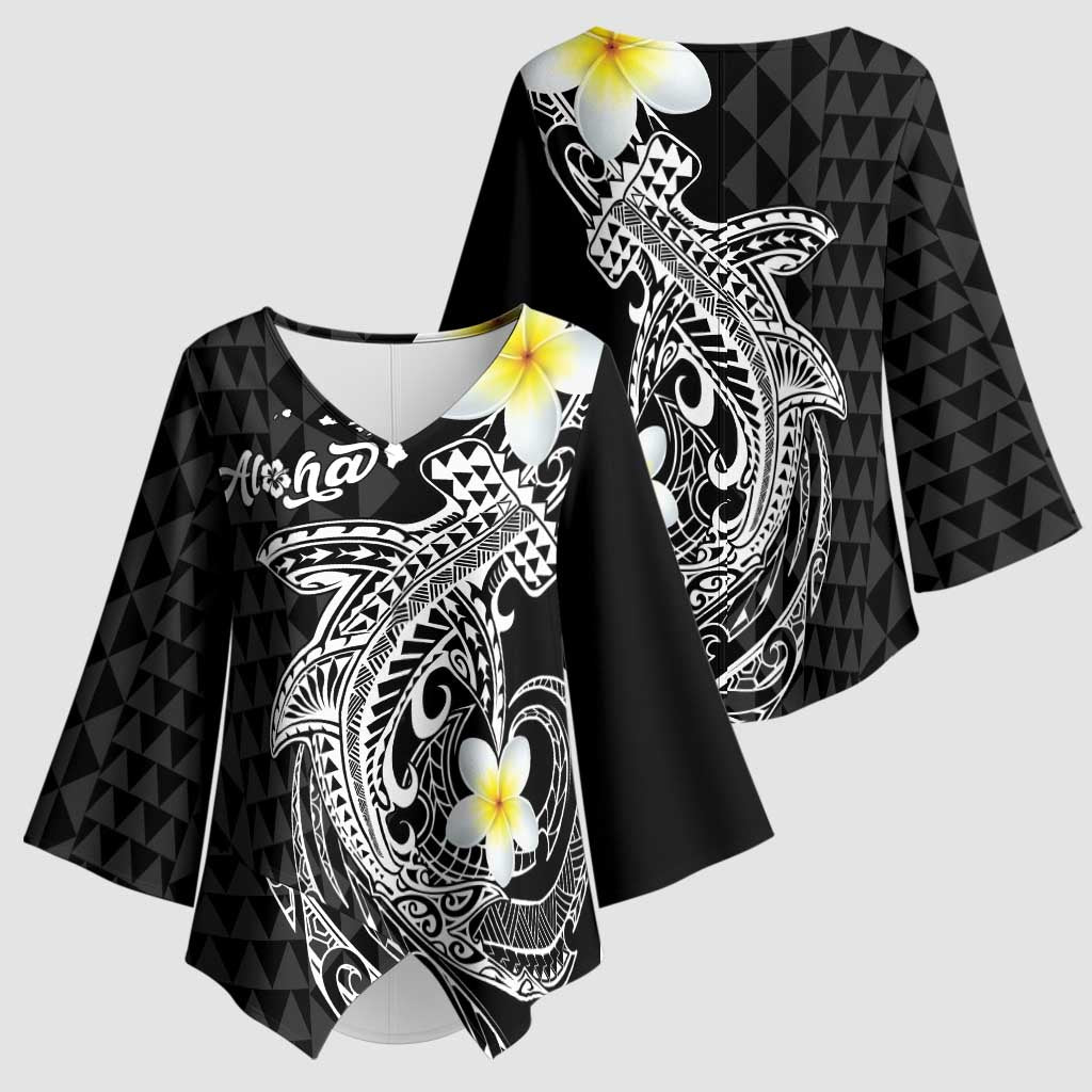 Aloha Hammerhead Shark Kimono Sleeve Blouse Black Hawaiian Kakau Tribal Tattoo - Polynesian Pride