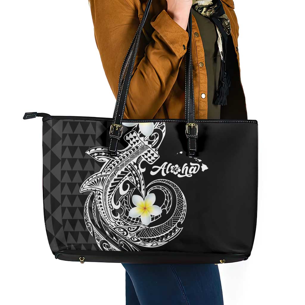 Aloha Hammerhead Shark Leather Tote Bag Black Hawaiian Kakau Tribal Tattoo LT9 - Polynesian Pride